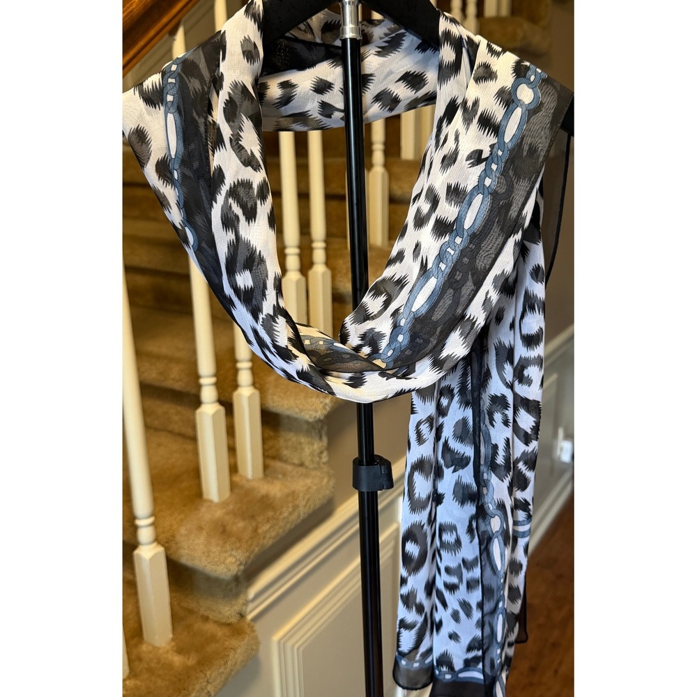 Leopard Print Sheer Scarf Black White Gray Blue Chain Link Border Long Wrap